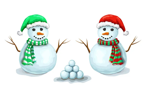 Vektor Sammlung von Paar Schneemänner mit Schneebällen, isoliert auf weißem Hintergrund. Niedlich lächelnde Schneemänner in Weihnachtsmannmützen und -schals. Weihnachten oder Winter-Symbol. Handgezeichnete Zeichentrickfiguren — Stockvektor