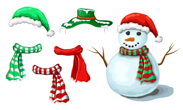 Weihnachten Schneemann Illustration mit verschiedenen Accessoires isoliert auf weißem Hintergrund. Niedlich lächelnden Schneemannbau. Weihnachts- und Neujahrs-Kollektion zum Erstellen von Schneemenschen. handgezeichneter frostiger Charakter — Stockvektor