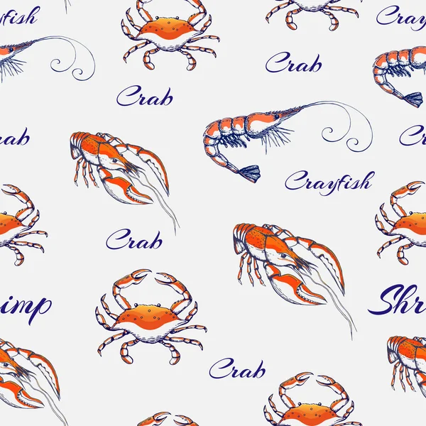 Vector sin costuras Patrón de mariscos sobre fondo gris suave. fondo de marisco grabado a mano. vintage textura de los animales marinos con camarones, camarones, cangrejo de río langosta para imprimir, fondo de pantalla, decoración — Vector de stock