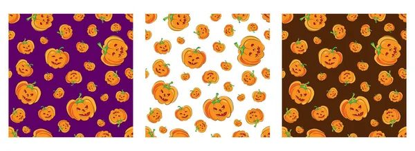 Naadloze halloween patroon set met cartoon schattig en grappige pompoenen op verschillende achtergrond. Halloween achtergrond met kwaadaardige pompoen. jack-o-lantaarn patroon voor Halloween Thanksgiving feest ontwerp. — Stockfoto