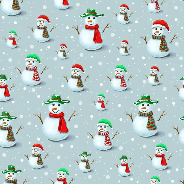Gri zemin üzerinde kar taneleri olan kusursuz bir Noel Kardan Adam deseni. Tatil tasarımı için sevimli kardan adam arka plan şablonu. Parmak izi ve duvar kağıtları için çeşitli Noel Baba şapkaları ve eşarpları olan kardan adamlar.