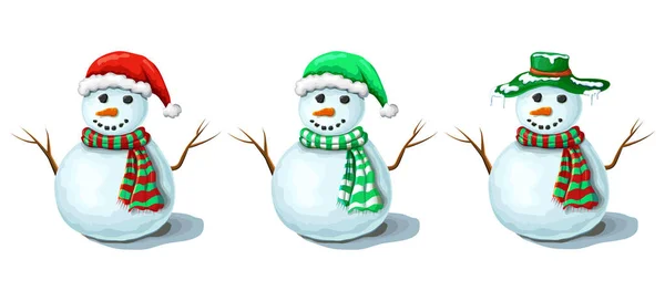 Colección de muñecos de nieve de Navidad aislados sobre fondo blanco. Lindos muñecos de nieve sonrientes en varios sombreros de santas y bufandas navideñas. Navidad o símbolo de invierno. dibujos animados dibujados a mano personajes helados — Foto de Stock