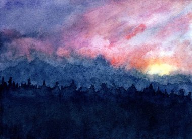 Suluboya günbatımı gökyüzü arkaplanı. Gün batımında ya da gündoğumunda suluboya manzara. Akşam ya da sabah bulutlu gökyüzünün turuncu ve mor renkleriyle resmedilmiş hali. dramatik bulutlu karanlık gökyüzü.
