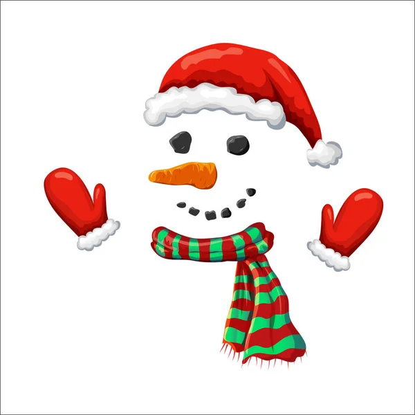 Vector cute simple xmas snowman illustration. snowman face with red santa hat striped holiday scarf and mittens isolated on white. hand drawn smiling frosty character. Christmas winter symbol. props. — Stock Vector