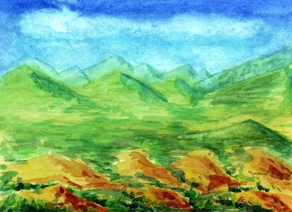 Acuarela paisaje horizontal con montañas, cielo azul, nubes, campos verdes y prados. Paisaje europeo dibujado a mano. ilustración pintada de fondo natural. Ideal para banner, póster, fondo de pantalla —  Fotos de Stock