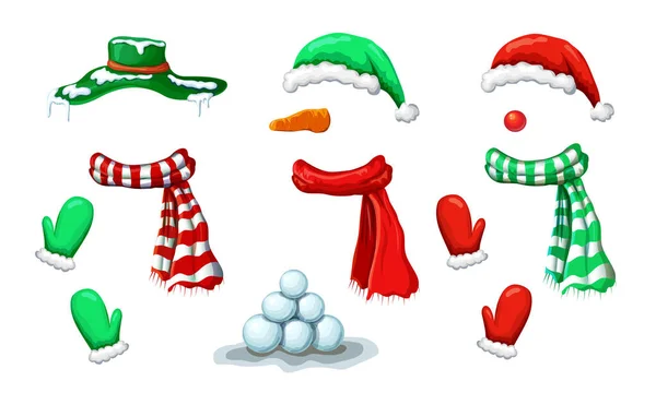 Sneeuwman masker collectie met accessoire geïsoleerd op wit. Kerstvakantie grappige kostuum van sneeuwpop met verschillende hoeden, sjaals, wanten. Kerst fotohokje en rekwisieten voor creatief ontwerp. — Stockfoto