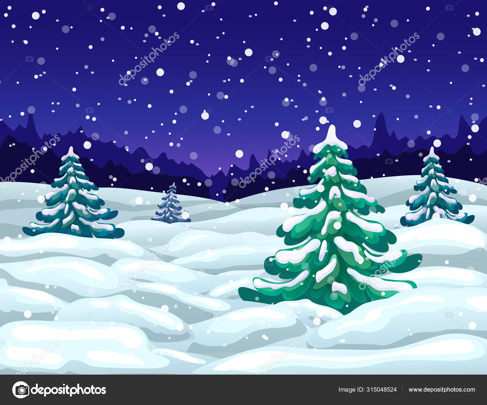 Winter Snowy In Hill Of Tree With Snowfall Background Design