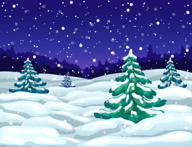 Kar yağışı ve karlı köknar ağaçları olan kış harikalar diyarı manzarası. Kışın yağan kar sahnesi. Sihirli noel arkaplanı. Koyu mavi xmas kart şablonu veya kış tatili panoramik afişi