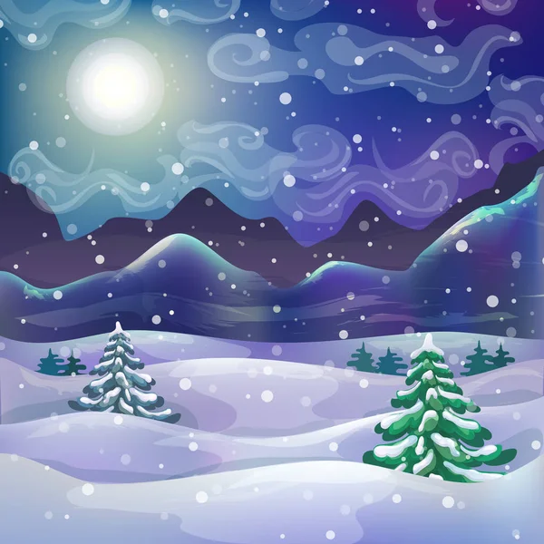 Karlı ormanlar ve dağlarla kış harikalar diyarı arka planı. Dağ manzarası. Yılbaşı büyülü yıldızlı gece sahnesi. Koyu mavi xmas kart şablonu. Kış tatili panoramik afişi. — Stok Vektör