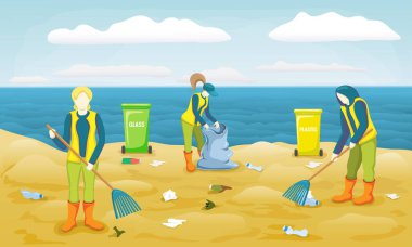 Bir grup gönüllü çöp, plastik şişe, plaj temizleme ve çöp ayıklama işi yapıyor. Gönüllü ekip çalışması. Gönüllüler çöpten kumlu sahili temizler ve gezegenle ilgilenirler. Vektör kavramı
