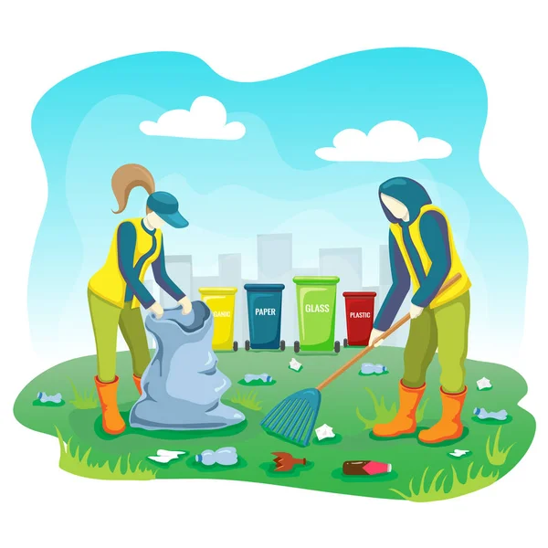 Vrijwilligers die afval, plastic flessen opruimen en vuilnis schoonmaken op het gazon van het stadspark met tas en vuilnisbakken. Vrijwilligers team verzamelen en sorteren afval buiten, zorgen voor de planeet. Bespaar wereld concept. — Stockvector
