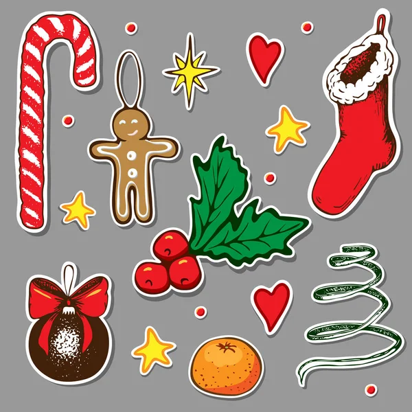 Винтажная коллекция рождественских наклеек. векторная иллюстрация. Xmas doodle sticker set. Новогодние иконы изолированы. Зимний сезон декоративные элементы отлично подходит для праздников decor.photo стенд и реквизит — стоковый вектор