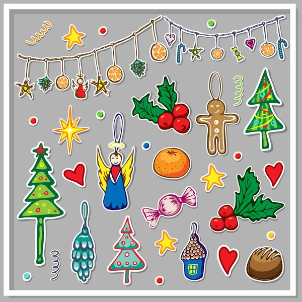 Große Vektor-Sammlung von Weihnachtsstickern. niedliche Illustration von Winter- und Weihnachtshygge-Elementen. Weihnachtskritzel Clip Art Set. Neujahrsikonen isoliert. Dekorative Elemente für den Urlaub im Winter — Stockvektor