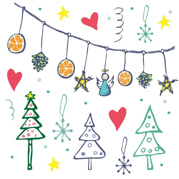 Handgezeichnete Vektor Weihnachtskritzelcliparts Kollektion. Weihnachten oder Neujahr umreißen skizzierte Symbole isoliert auf weiß. niedliche Illustration von Winter-Hygge-Elementen. Dekoratives Set mit Girlanden und Tannenbäumen — Stockvektor