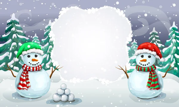 Karácsonyi havas jelenet néhány üdvözlő hóemberrel télapó kalapban. Karácsonyi kártya sablon vagy ünnep téli banner helyet a szöveges. téli erdő táj mosolygós hóember és esik hó — Stock Vector