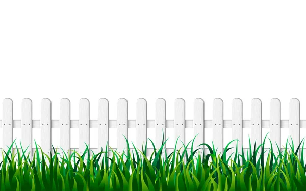 White fence and fresh green grass seamless vector background. endless wooden fence and green lawn isolated on white backdrop. vector illustration of realistic picket fence. timber fencing in garden. — Stock Vector