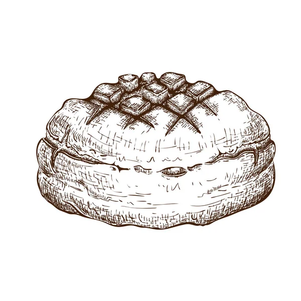 Στρογγυλό ψωμί σίκαλης απομονωμένο σε λευκό. ζωγραφισμένο στο χέρι παραδοσιακό καφέ ρουστίκ ρολό doodle εικονίδιο. φρεσκοψημένο. Διάνυσμα χρωματικό σκίτσο σε vintage στυλ χαρακτικής. εικονογράφηση για αφίσα, ετικέτα, μενού αρτοποιείο — Διανυσματικό Αρχείο