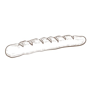 Beyaz arka planda izole edilmiş ekmek mürekkebi. Geleneksel Fransız ekmeği. Uzun buğday somunu karalama ikonu. Vintage oymacılık tarzında vektör çizimi. Poster, etiket, menü fırını için resimleme.