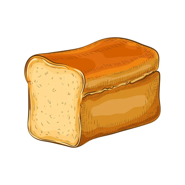 Pšeničný chléb izolovaný na bílé. ručně kreslená tradiční bílá čtvercová ikona čmáranice. čerstvě upečený krájený chleba. Vektorové barevné vinobraní s rytým náčrtem. ilustrace pro plakát, etiketu, pekárnu. — Stockový vektor