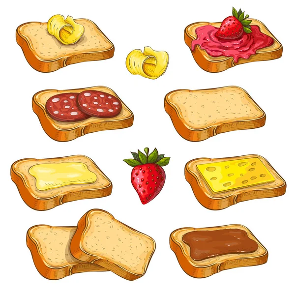 Beyaza izole edilmiş çeşitli malzemelerle farklı tostlar. Buğdaylı sandviç koleksiyonu vektör illüstrasyonu. Tereyağlı kızarmış ekmek, çilek reçeli, peynir, çikolata. renkli çizim. — Stok Vektör