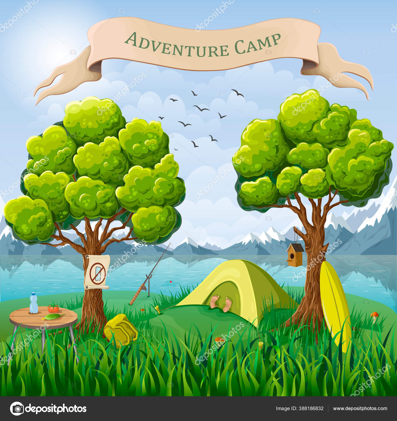 Vector cartoon illustration of camping place in wild nature background.  mountain landscape with tent, resting tourist on lake or riverside. Digital  detox camp concept. Travel adventure poster, banner. Stock Vector Image by ©