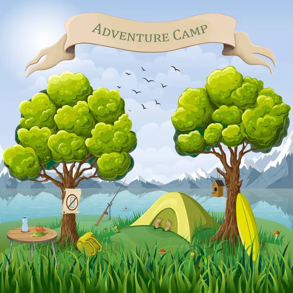 Vector ilustración de dibujos animados de camping lugar en el fondo de la naturaleza salvaje. paisaje de montaña con tienda de campaña, turista en reposo en el lago o junto al río. Concepto digital de campamento de desintoxicación. Cartel de aventura de viaje, bandera . — Vector de stock