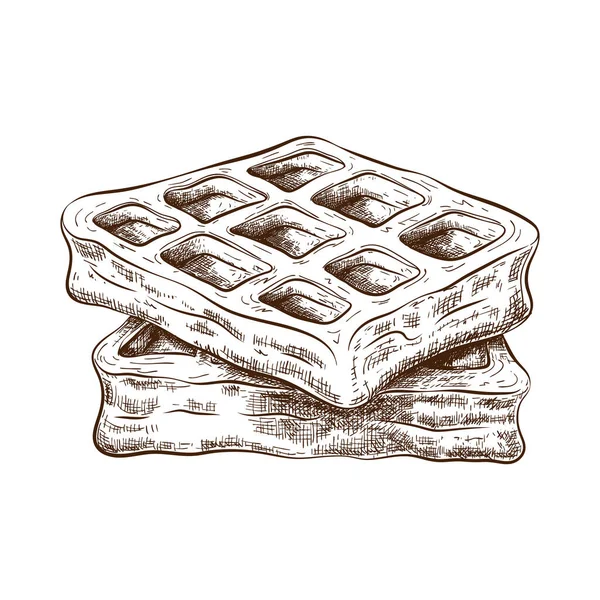 Elle çizilmiş şirin waffle beyaza izole edilmiş. Vintage oymalı Belçika gofretlerinin vektör çizimi. Tatlı kek mürekkebi çizimi. Etiket, logo, fırın menüsü tasarımı için tatlı resmi karala. — Stok Vektör