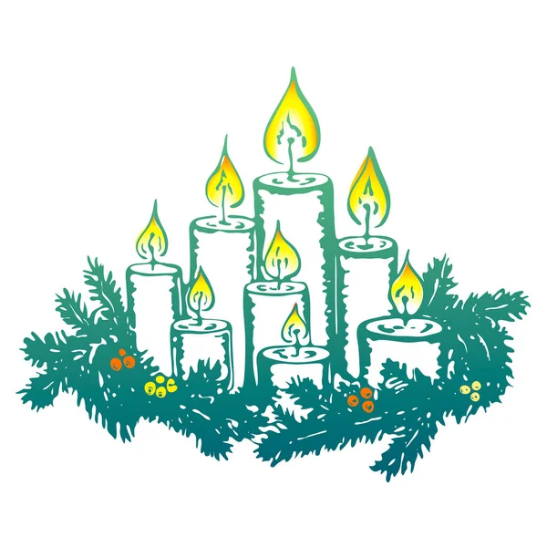 Candele vintage disegnate a mano con ghirlanda di albero di Natale. Carino decorazione natalizia incisa per biglietto di auguri Buon Natale. Felice anno nuovo simbolo. Illustrazione vettoriale di candela in stile rustico — Vettoriale Stock