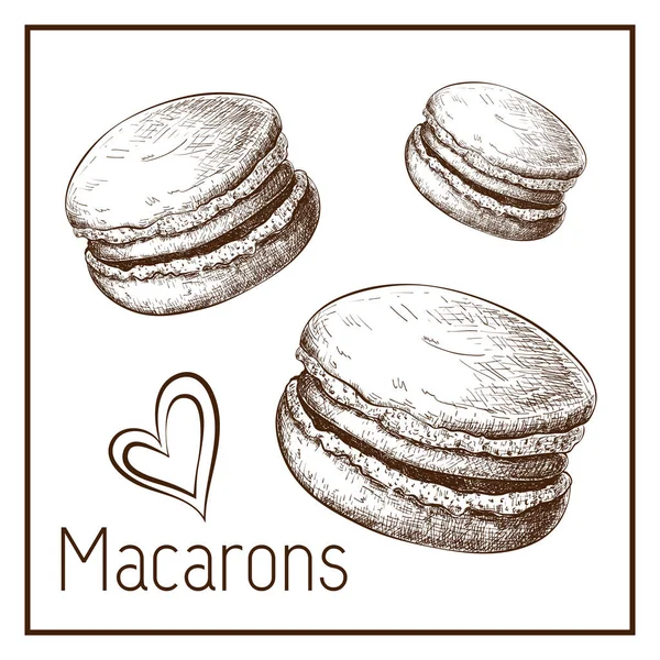 Macarons mignons dessinés à la main isolés sur blanc. Croquis de macarons dans un style vintage. illustration de pâtisserie gravée. Clipart dessert sucré pour étiquette, logo, menu de boulangerie, design d'affiches. set de doodle — Photo