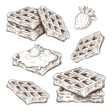 Elle çizilmiş şirin waffle 'lar beyaza izole edilmiş. Belçika gofretlerinin eski usul oymalı çizimi. Tatlı hamur işi mürekkep çizimi. Etiket, logo, fırın menüsü, poster tasarımı seçimi için tatlı koleksiyonu.