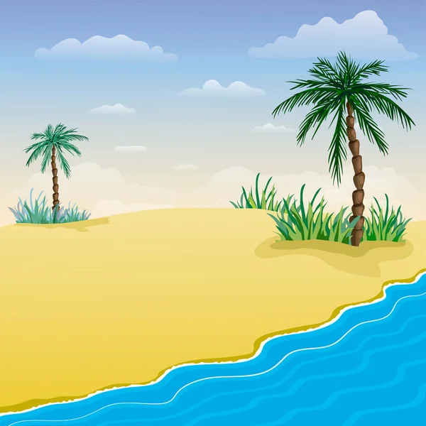 夏のビーチの背景。ヤシの木がある熱帯の海と砂浜。夕日、波、雲やヤシの木で海辺の漫画スタイルのイラスト。夏休みのポスターやチラシのテンプレート. — ストック写真