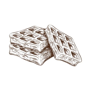 Elle çizilmiş şirin waffle beyaza izole edilmiş. Eskimiş kabartmalı Belçika gofretlerinin çizimi. Tatlı kek mürekkebi çizimi. Etiket, logo, fırın menüsü tasarımı için tatlı resmi karala.