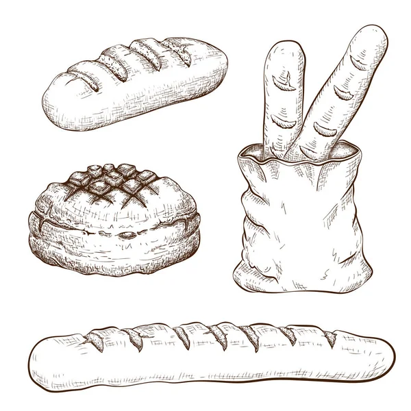 Roti tangan digambar diatur terisolasi di atas putih. ilustrasi kuno dari berbagai roti seperti baguette Prancis, roti pedesaan bulat, roti gandum panjang, roti dalam tas. sketsa corat-coret ikon barang-barang toko roti. — Stok Foto