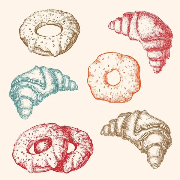 Ciambelle e croissant disegnati a mano illustrazione isolata in stile vintage inciso. schizzo pasticceria dolce. vettore doodle icone set di dolci gustosi prodotti da forno per la prima colazione. clipart per etichetta, design menu. — Vettoriale Stock