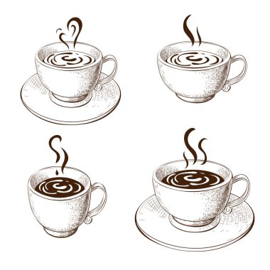 El yapımı kahve ya da çay fincanları ve çay tabağı beyaza izole edilmiş. Sıradan kahve fincanları skeci. Eski tarz sıcak içeceklerin oymalı vektör çizimi. Sıcak içecekler çiziyor. menü tasarımı için.