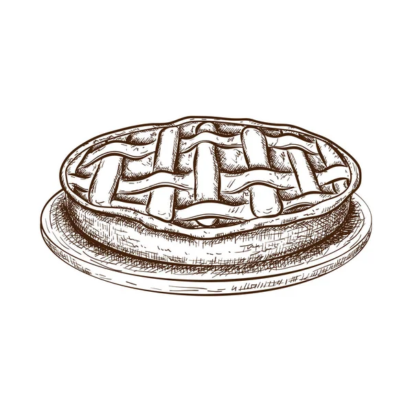 Tarte aux pommes, tarte ou gâteau dessiné à la main sur un croquis isolé sur blanc. illustration au crayon de la pâtisserie traditionnelle d'automne dans un style gravé vintage. Icône vectorielle de dessert sucré aux fruits, remplissage de baies. — Image vectorielle