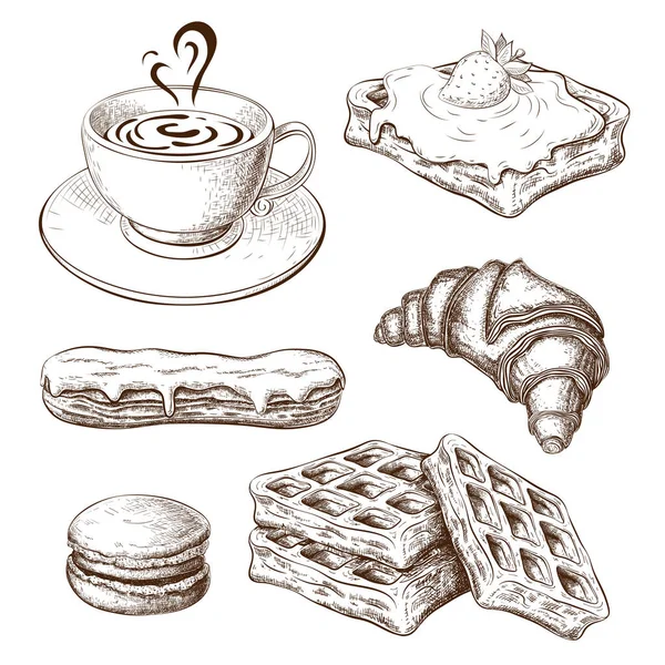 Café Con Croissant Pasteles Postres Dulces Conjunto Iconos Desayuno Bollería — Vector de stock