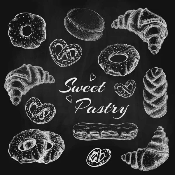 Tiza Dibujada Donut Croissant Eclair Pretzel Repostería Variedad Sobre Pizarra — Archivo Imágenes Vectoriales