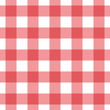 Kusursuz ekoseli pamuklu kumaş desenli arka plan. Kırmızı beyaz kumaş. Soyut geometrik şablon. Klasik piknik masası örtüsü. İtalyan mutfak baskısı. Alternatif kareler sonsuz arkaplan