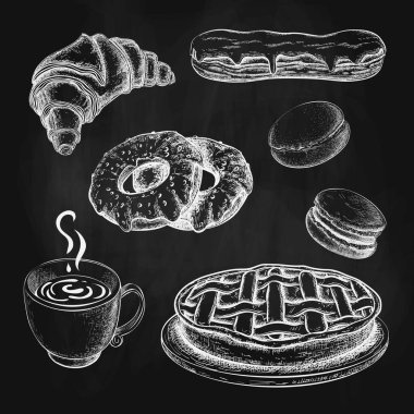 Kahve fincanlı tebeşirler ya da siyah karatahtaya klasik tarzda çay çizilmiş. Kahvenin, kruvasanın, ekinlerin, çöreklerin, kurabiyelerin ve karatahtanın üzerindeki elmalı kekin çizimi. Kahvaltı çizimi