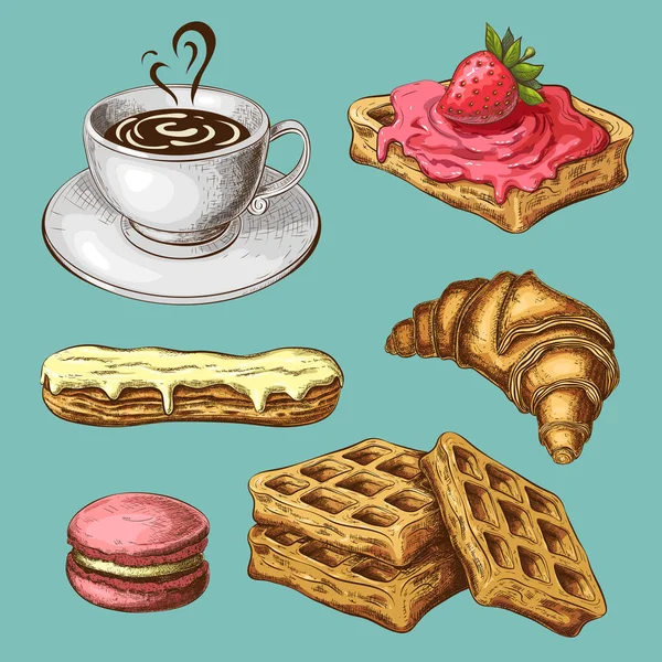 Pastelería Con Clipart Café Boceto Color Del Desayuno Dulce Aislado — Archivo Imágenes Vectoriales