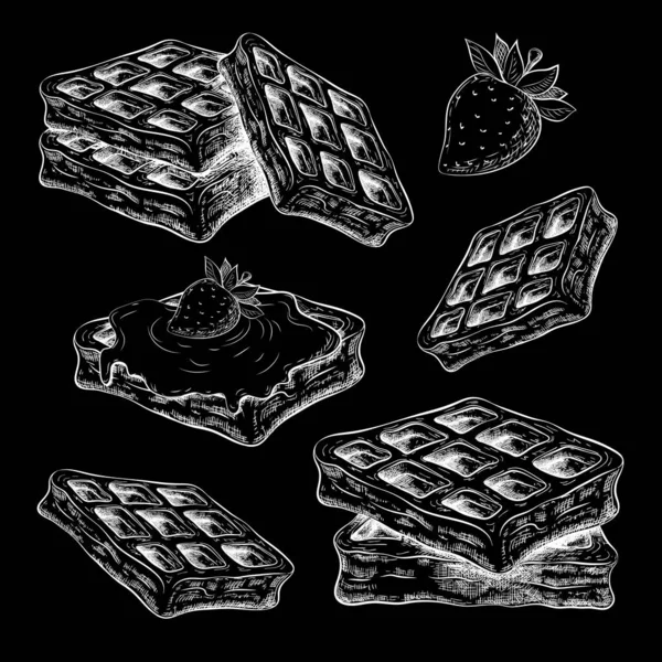 Giz Desenhado Waffles Bonitos Isolados Quadro Preto Belgium Wafers Vetor — Vetor de Stock