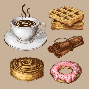 Klimalı kahve hamuru. İzole edilmiş tatlı kahvaltı çizimi. Kahve fincanlı tatlı hamur işi. Jöleli çörek, waffle, tarçınlı çörek ve çubuk. tasarım menüsü için harika.
