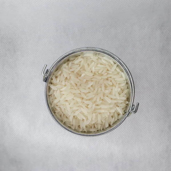 Riz Blanc Grains Longs Dans Seau Miniature Métal — Photo
