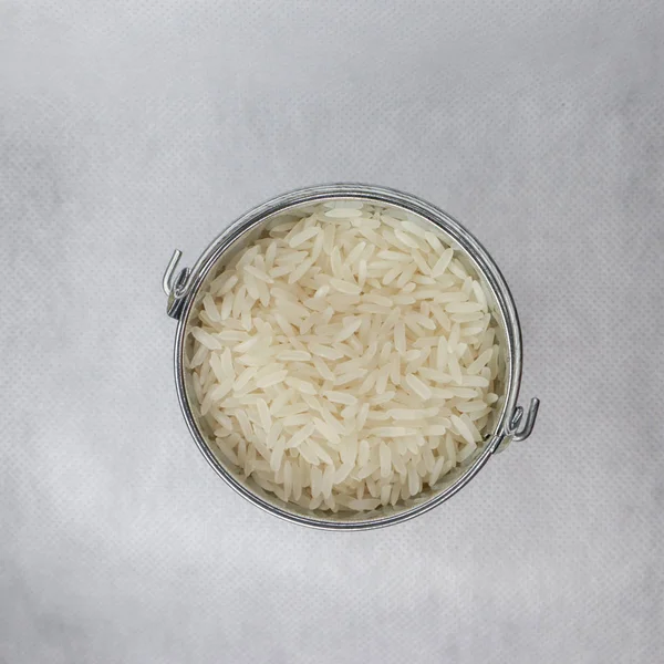 Arroz Blanco Grano Largo Cubo Metal Miniatura — Foto de Stock