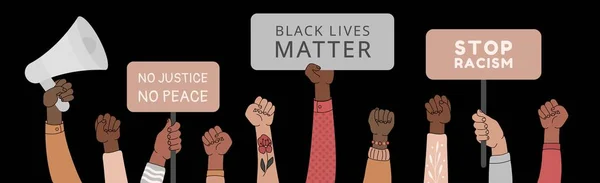 Zwarte Levens Zijn Materie Horizontale Banner Met Protest Vuist Lucht — Stockvector