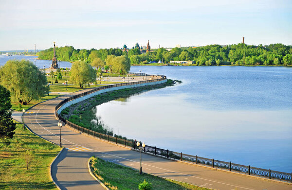 Beautiful park on river at summer clear day, Yaroslavl, Russia