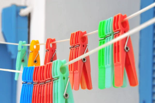 Hanging Colorful Clothes Pegs Street — Stock Photo, Image