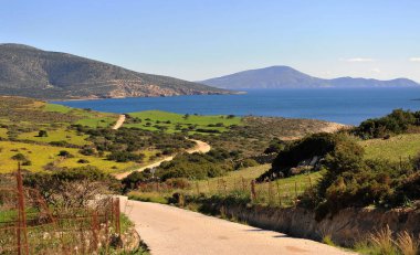 Yeşil vadi ve mavi Ege Denizi, Naxos island, Yunanistan ile güzel doğal peyzaj