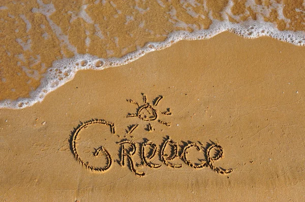 Grecia Parola Sulla Spiaggia Sabbiosa Estiva Sfondo Viaggio — Foto Stock